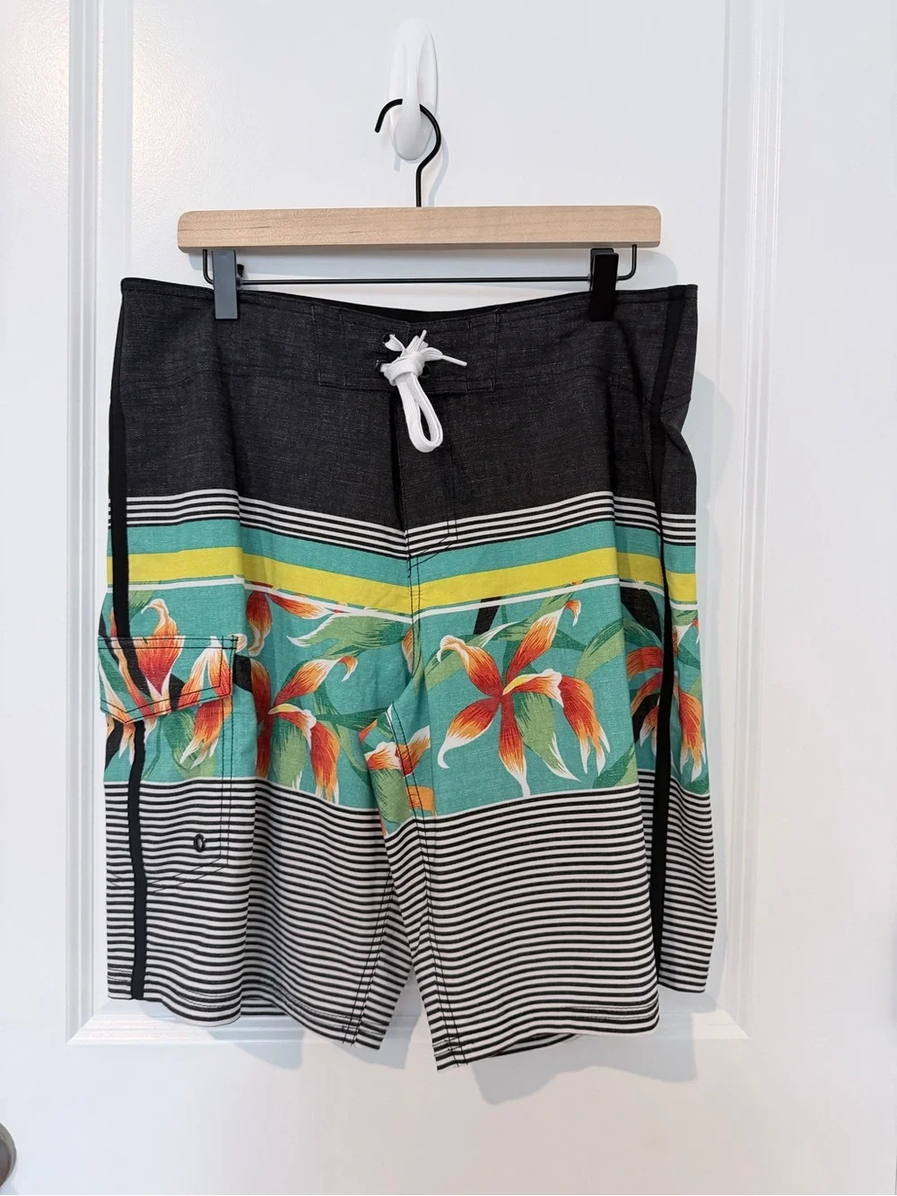 Mossimo Supply Co. Black Board Shorts with Teal, Yellow & Orange Floral Stripe